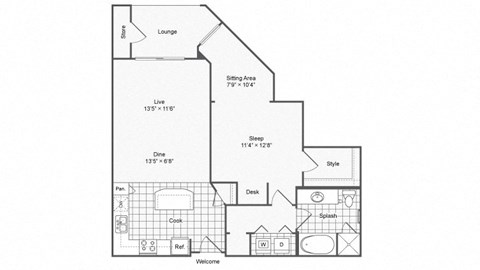 Floor plan for 1 bed, 1 bath, 874 sqft